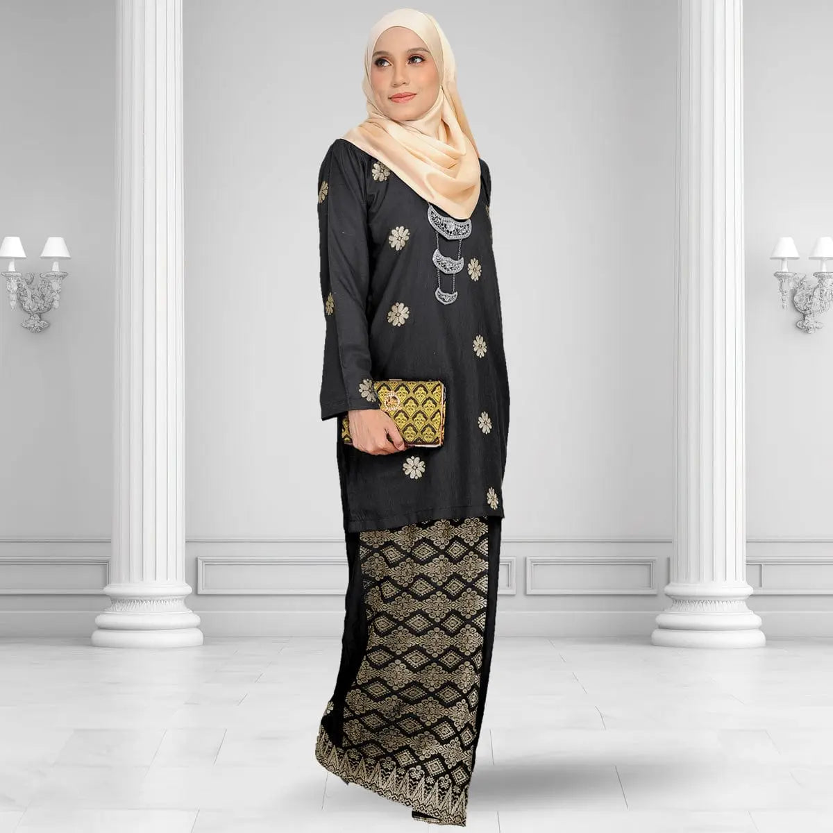 Songket Republik Auliya Kurung Moden - Black Gold