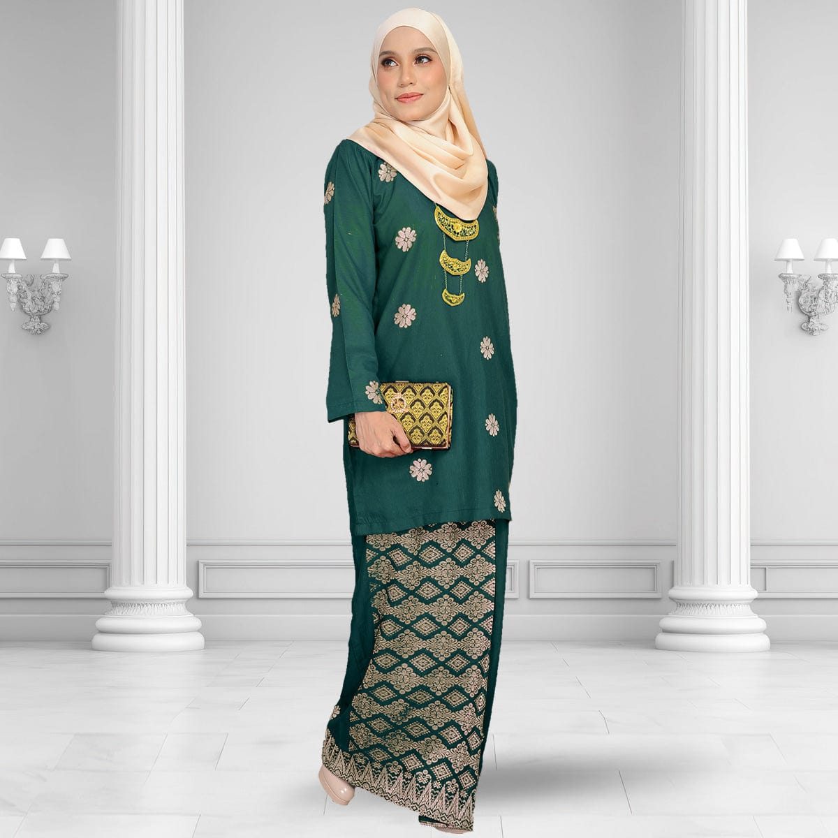 Songket Republik Auliya Kurung Moden - Emerald Green Gold