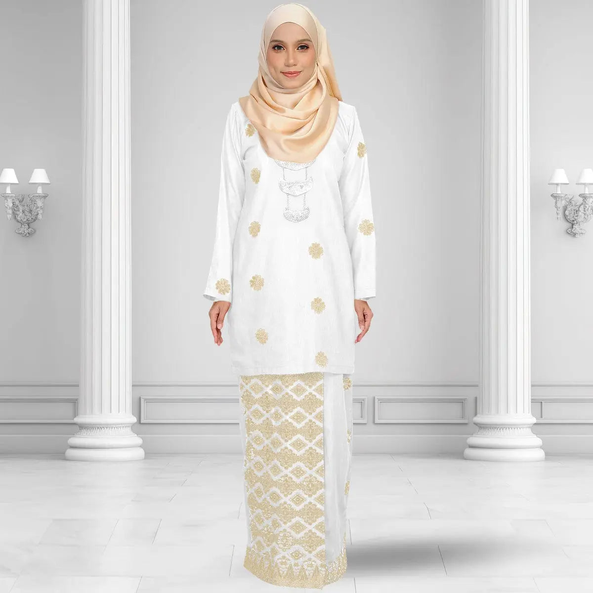 Songket Republik Auliya Kurung Moden - White Gold