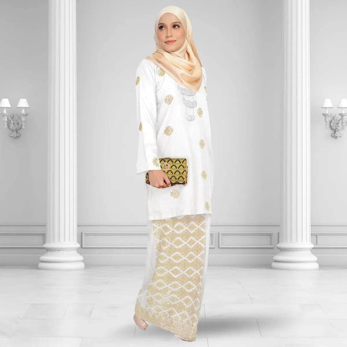 Songket Republik Auliya Kurung Moden - White Gold